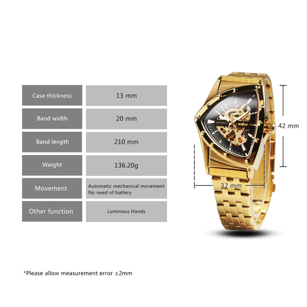 WINNER Military Triangle Skeleton Automatic Watch for Men Gold Sports Mechanical Watches Luxury Stainless Steel Strap Luminous
