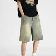 Men's denim shorts, men's 2025 summer thin style retro loose American fashion brand casual five inch mid length pants