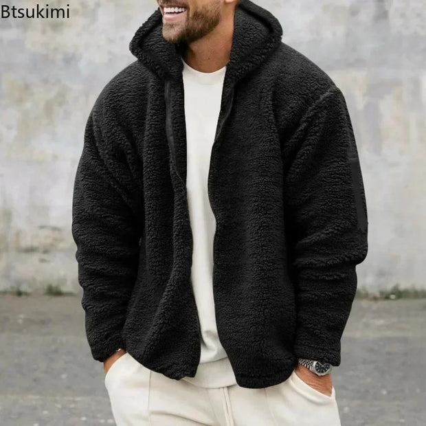 2025 Men's Casual Double-sided Plush Warm Jacket Autumn Winter Thick Wool Coats Solid Hooded Fleece Hoodies Loose Men Clothing