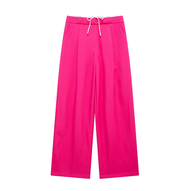 Willshela Women Fashion Solid Lace Up Side Zipper Straight Pants Vintage High Elastic Waist Female Chic Lady Trousers