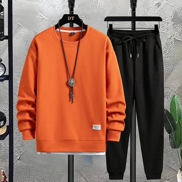 Summer Men's Waffle Sets Casual T-Shirt And Pants Set Male Sports Suit 2 Priece Set Solid Color Tracksuit Loose Suits Size 3XL