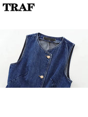 TRAF 2024 Women's Short Vest Autumn Fashion Blue Denim Vest Top Lady Casual Cropped Sleeveless Jacket Streetwear New Waistcoats