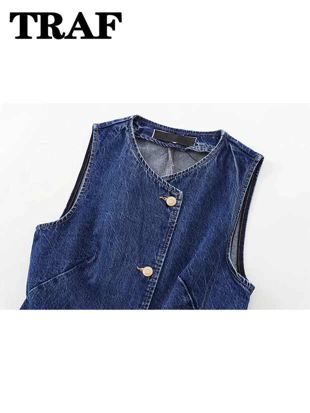 TRAF 2024 Women's Short Vest Autumn Fashion Blue Denim Vest Top Lady Casual Cropped Sleeveless Jacket Streetwear New Waistcoats