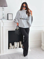 Elegant Solid Cape Fashion Office Lady Button Half Turtleneck Bat Sleeve Belt Coat Autumn Commuting Woolen Women Clothing