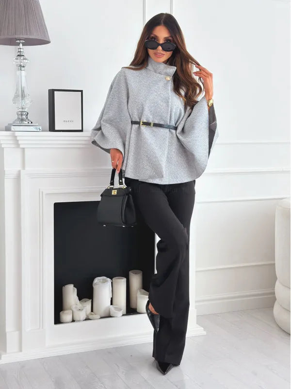 Elegant Solid Cape Fashion Office Lady Button Half Turtleneck Bat Sleeve Belt Coat Autumn Commuting Woolen Women Clothing
