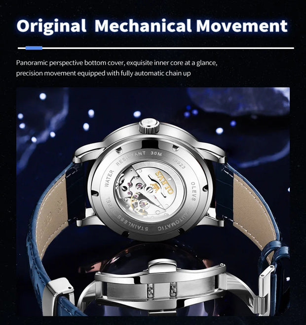 OLEVS Original Men's Automatic Mechanical Watch Fashion Business Leather Strap Luxury Diamond Starry Sky Moon Phase Men's Watch