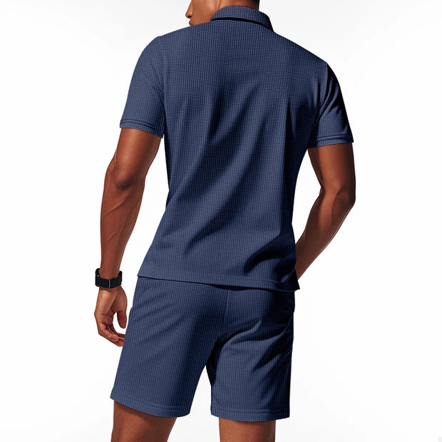 Men's Summer Sports Solid-Color Set, Quarter-Zipper Set, 2-Piece Beach Vacation Set, Men's Fashionable Casual Workwear Set.