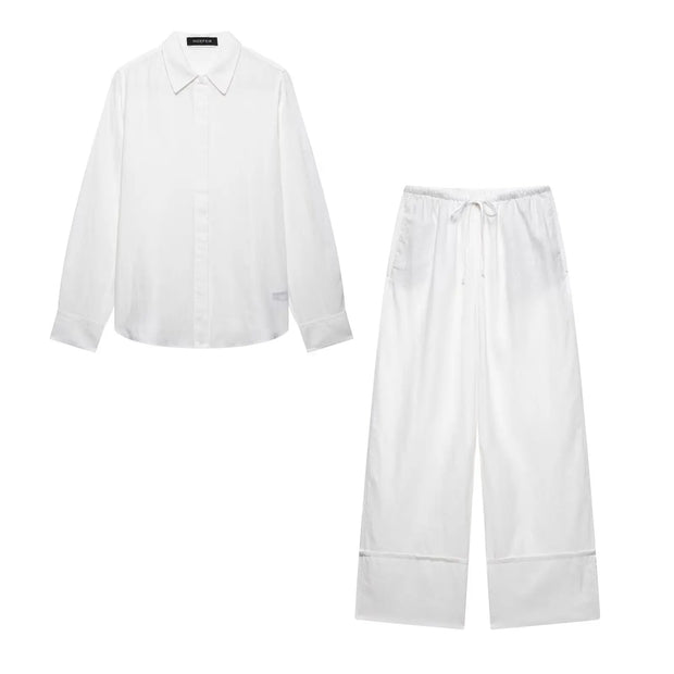 TFMLN 2025 Women Blouse Trouser Sets Office Ladies Elegant Long Sleeve Casual Loose Shirt Wide Leg Pant Suits Simple Outfits