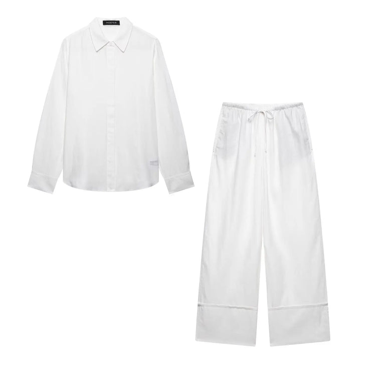 TFMLN 2025 Women Blouse Trouser Sets Office Ladies Elegant Long Sleeve Casual Loose Shirt Wide Leg Pant Suits Simple Outfits