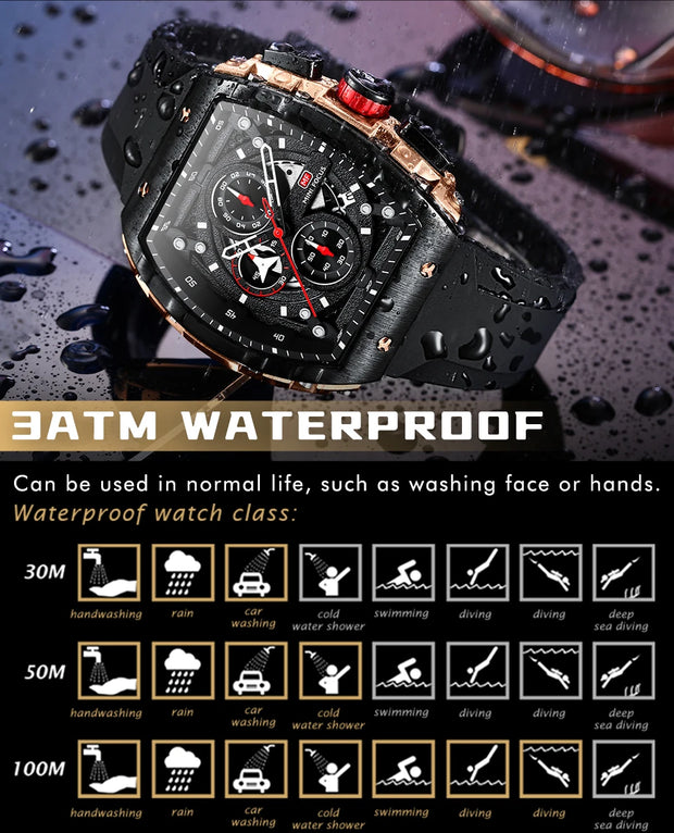 MINI FOCUS Chronograph Quartz Watch for Men Tonneau Dial Military Sport Wristwatch Male with Orange Silicone Strap Auto Date