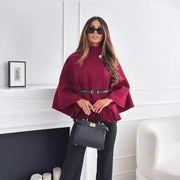 Elegant Solid Cape Fashion Office Lady Button Half Turtleneck Bat Sleeve Belt Coat Autumn Commuting Woolen Women Clothing