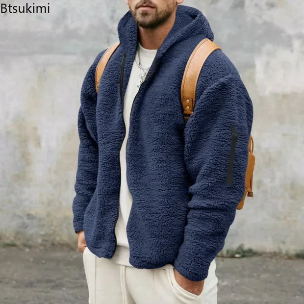 2025 Men's Casual Double-sided Plush Warm Jacket Autumn Winter Thick Wool Coats Solid Hooded Fleece Hoodies Loose Men Clothing