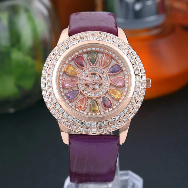 Korean Ladies Watch Colorful Rhinestones Dashi Dial Quartz Watch Casual Leather Ladies Clock Gift Relogio Feminino