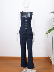 Vintage Women's Denim Sleeveless Set Crop Top With Chic Buttons Matching High Waist Slim Fit Jeans Casual Streetwear Outfits