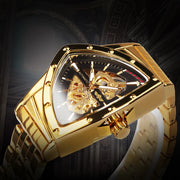 WINNER Military Triangle Skeleton Automatic Watch for Men Gold Sports Mechanical Watches Luxury Stainless Steel Strap Luminous
