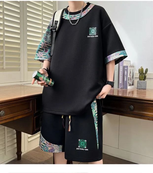 Summer Men's  Sets Mens Trend Casual Tracksuit Print Short Sleeve T-shirt+shorts Two Pieces Suit Mens Sportswear set