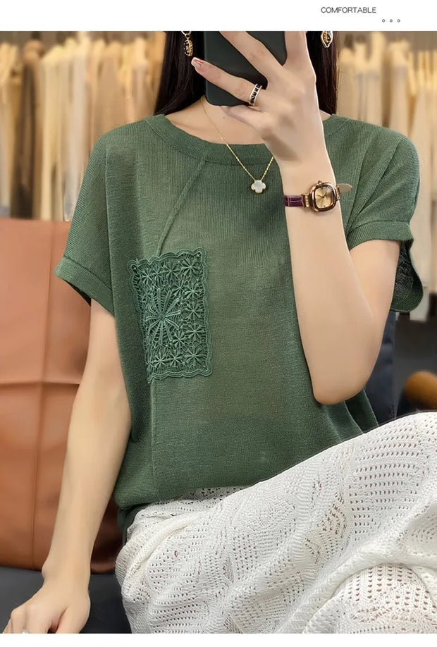Women's T-shirt Spring/Summer Worsted Cotton Knitwear Casual Solid Color Ladies' Tops Loose Round Neck Blouse Pullover Tees