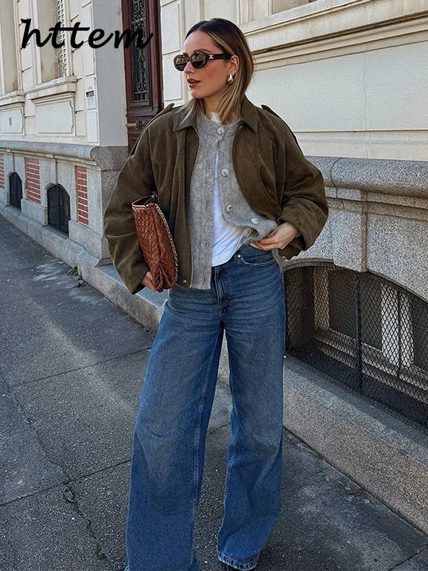 Street Women's Suede Bomber Jacket Fashion Lapel Zipper Full Sleeve Female Coats 2025 Spring Lady Casual Commute Vintage Outwear