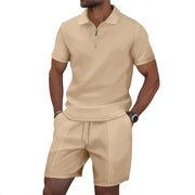 Men's Summer Sports Solid-Color Set, Quarter-Zipper Set, 2-Piece Beach Vacation Set, Men's Fashionable Casual Workwear Set.