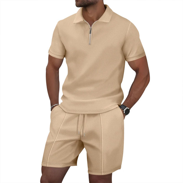 Men's Summer Sports Solid-Color Set, Quarter-Zipper Set, 2-Piece Beach Vacation Set, Men's Fashionable Casual Workwear Set.