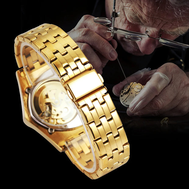WINNER Military Triangle Skeleton Automatic Watch for Men Gold Sports Mechanical Watches Luxury Stainless Steel Strap Luminous