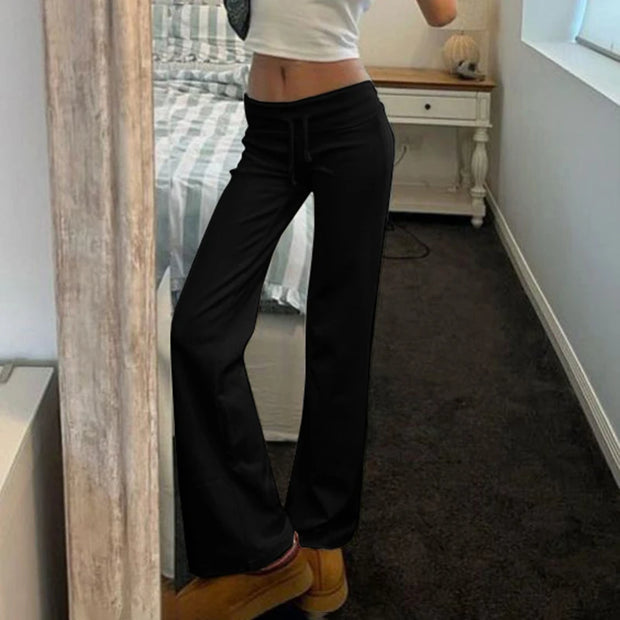 Cuteandpsycho Casual Solid Basic Pants Y2K Chic Floor Length Bottoms Vintage Aesthetic Mid Waist Drawstring Straight Trousers
