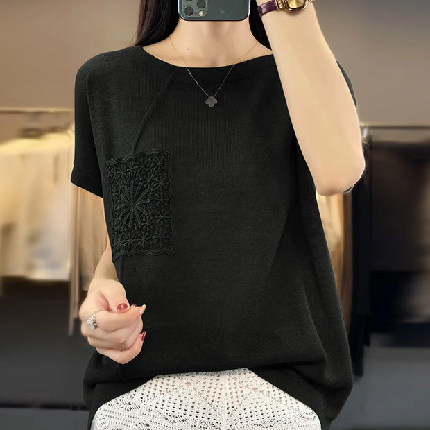 Women's T-shirt Spring/Summer Worsted Cotton Knitwear Casual Solid Color Ladies' Tops Loose Round Neck Blouse Pullover Tees