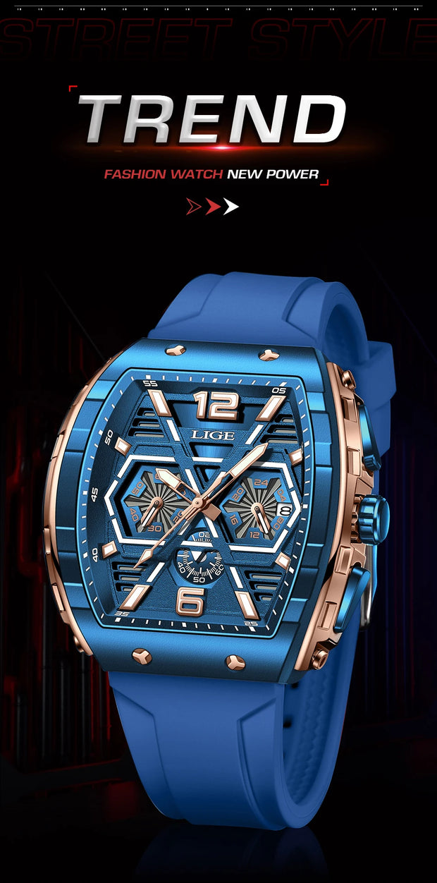 LIGE Mens Watches Top Brand Luxury Square Silicone Watch For Men Fashion Military Quartz Waterproof Chronograph Montre Homme