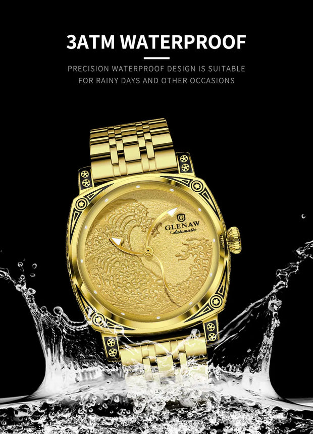 GLENAW Surfing Dial Mechanical Watch Men Retro Engraving Sailing Pointer Automatic Wrist Hand Stainless Steel WaterproofLuminous