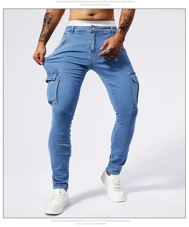 2025 New Men Street Elastic Denim Jeans Multi Pockets Cargo Pants Casual Slim Denim Trousers Fashion Y2k Joggers Baggy Man Pants