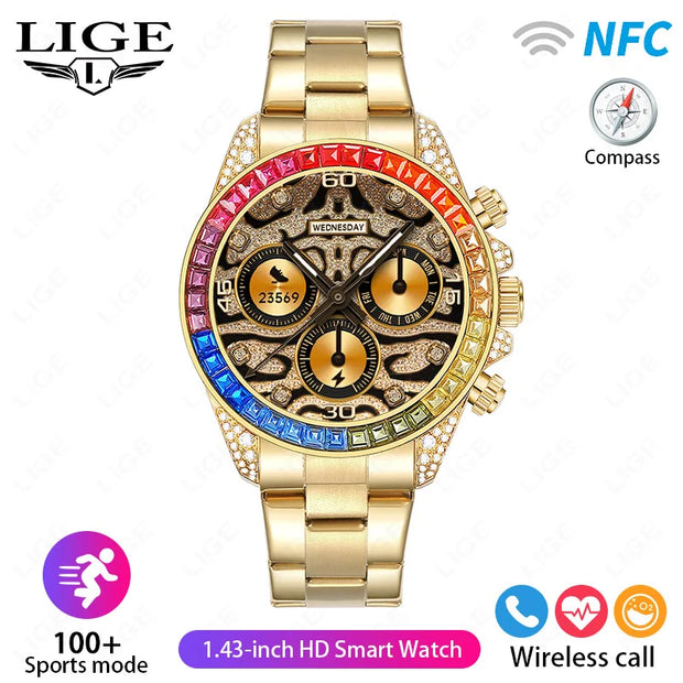 LIGE 1.43" AMOLED Man Smart Watch Bluetooth Call NFC Outdoor Compass Smartwatch Men Fitness Tracker 100+ Sport Modes Bracelet