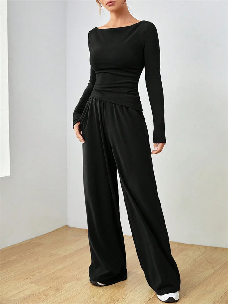 Women's Two-piece Wide Leg Pants Fashion Set Irregular Short Top Women's Clothing Yoga Exercise Set Спортивный Костюм Женский