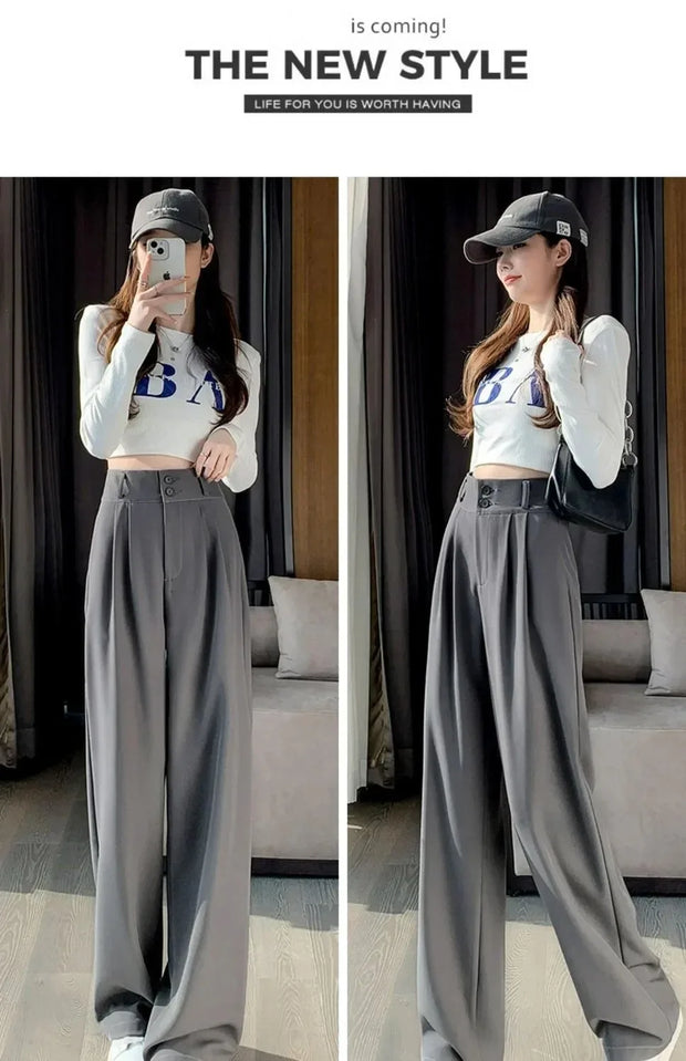 Elegant Wide Leg Pants Women Korean Style High Waist Black Baggy Pants Office Ladies Fashion Loose Suit Trousers Streetwear