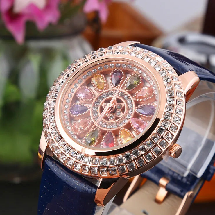 Korean Ladies Watch Colorful Rhinestones Dashi Dial Quartz Watch Casual Leather Ladies Clock Gift Relogio Feminino