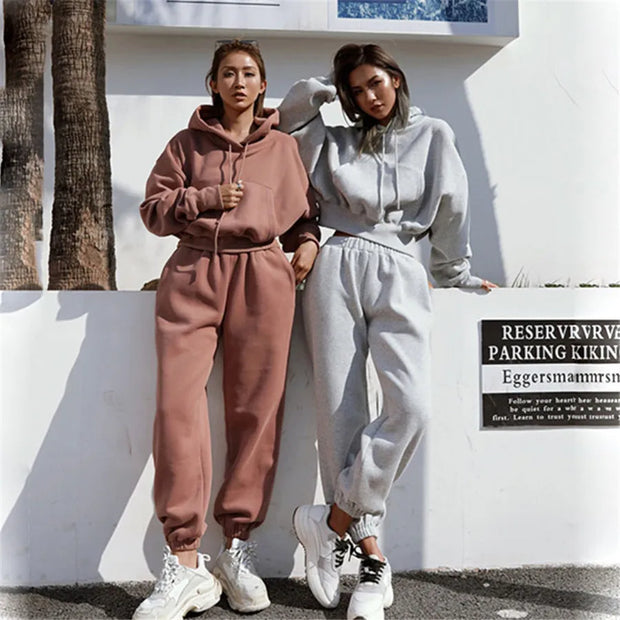 Women Sports Two Piece Sets Hoodie Trousers Solid Color Hooded Pants Outfits Sweatshirt Suit 2024 Autumn Winter Tracksuit