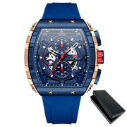 MINI FOCUS Chronograph Quartz Watch for Men Tonneau Dial Military Sport Wristwatch Male with Orange Silicone Strap Auto Date