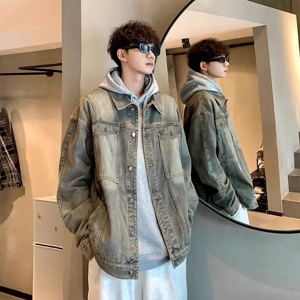 Men's Autumn Winter Denim Jacket, Stretch Comfortable Cotton Blend, Distressed Wash, Hooded Casual Outerwear