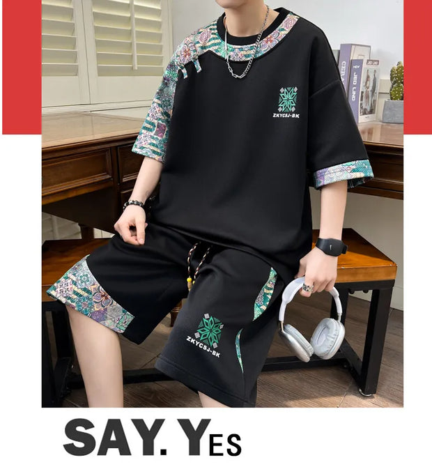Summer Men's  Sets Mens Trend Casual Tracksuit Print Short Sleeve T-shirt+shorts Two Pieces Suit Mens Sportswear set