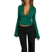 Women Fall Tops  Lace Trim Deep V Neck Bell Sleeve Crop Shirt Casual Streetwear