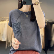 Women's T-shirt Spring/Summer Worsted Cotton Knitwear Casual Solid Color Ladies' Tops Loose Round Neck Blouse Pullover Tees