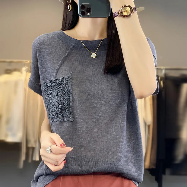 Women's T-shirt Spring/Summer Worsted Cotton Knitwear Casual Solid Color Ladies' Tops Loose Round Neck Blouse Pullover Tees