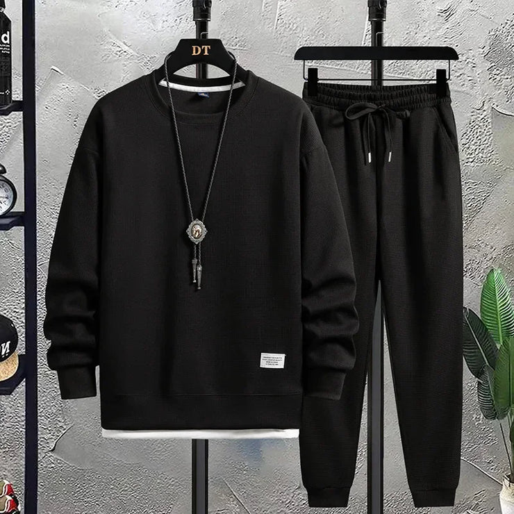 Summer Men's Waffle Sets Casual T-Shirt And Pants Set Male Sports Suit 2 Priece Set Solid Color Tracksuit Loose Suits Size 3XL