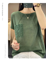 Women's T-shirt Spring/Summer Worsted Cotton Knitwear Casual Solid Color Ladies' Tops Loose Round Neck Blouse Pullover Tees