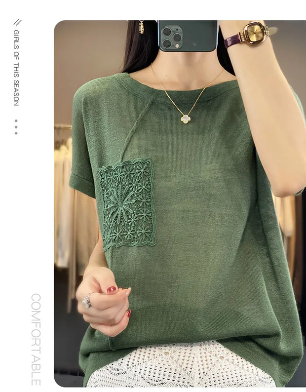Women's T-shirt Spring/Summer Worsted Cotton Knitwear Casual Solid Color Ladies' Tops Loose Round Neck Blouse Pullover Tees
