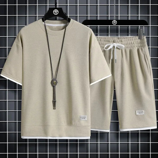 Summer Men's Sports Set  Casual T-Shirt And Shorts Set Male Sports Suit Solid Color Tracksuit Loose Suits Size 3XL