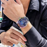 Luxury Brand Mechanical Watch for Men Rotating Star Dial Fashion Rainbow Case Automatic Watches Genuine Leather Strap Wristwatch