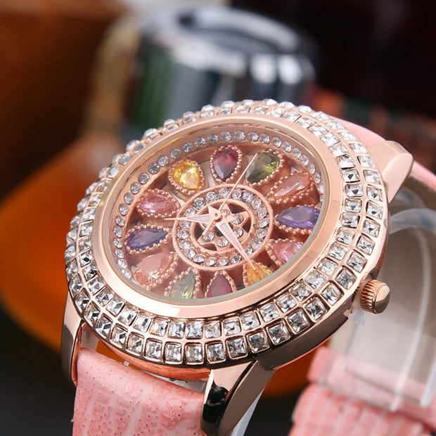 Korean Ladies Watch Colorful Rhinestones Dashi Dial Quartz Watch Casual Leather Ladies Clock Gift Relogio Feminino