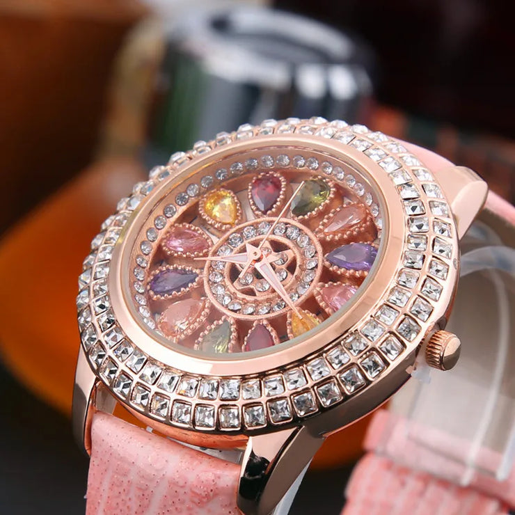 Korean Ladies Watch Colorful Rhinestones Dashi Dial Quartz Watch Casual Leather Ladies Clock Gift Relogio Feminino