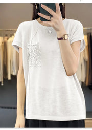 Women's T-shirt Spring/Summer Worsted Cotton Knitwear Casual Solid Color Ladies' Tops Loose Round Neck Blouse Pullover Tees