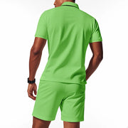 Men's Summer Sports Solid-Color Set, Quarter-Zipper Set, 2-Piece Beach Vacation Set, Men's Fashionable Casual Workwear Set.